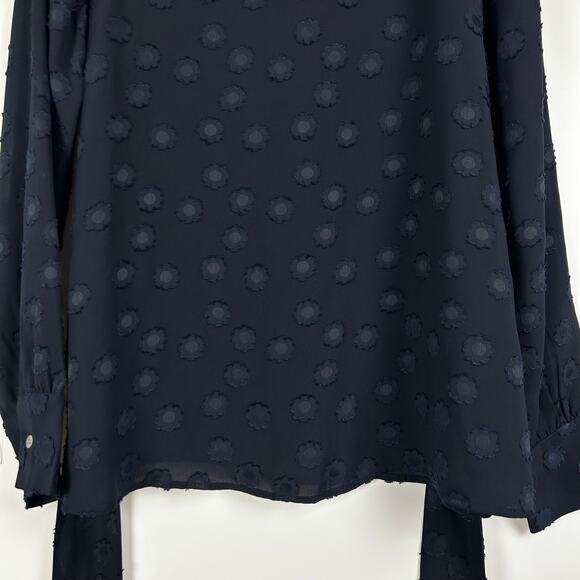 Loft Floral Swiss Dot Tie Blouse Light Weight Navy Blue Womens Size Small - Picture 5 of 11